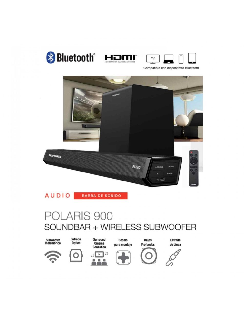 Barra de Sonido TV Soundbar Telefunken Polaris 700 Bluetooth Aux In con  Subwoofer C. Remoto